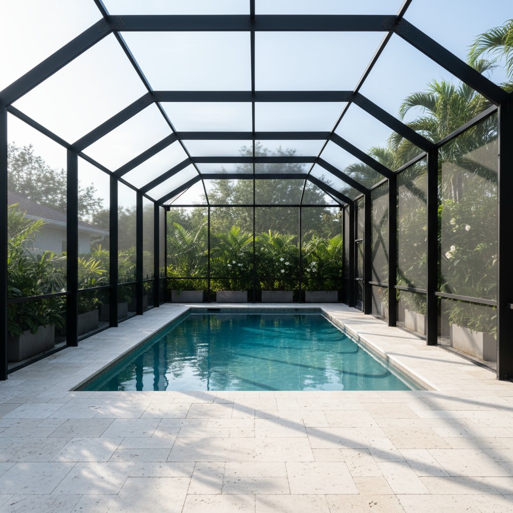 A modern, enclosed swimming pool within a glass-roofed structure, surrounded by lush greenery.